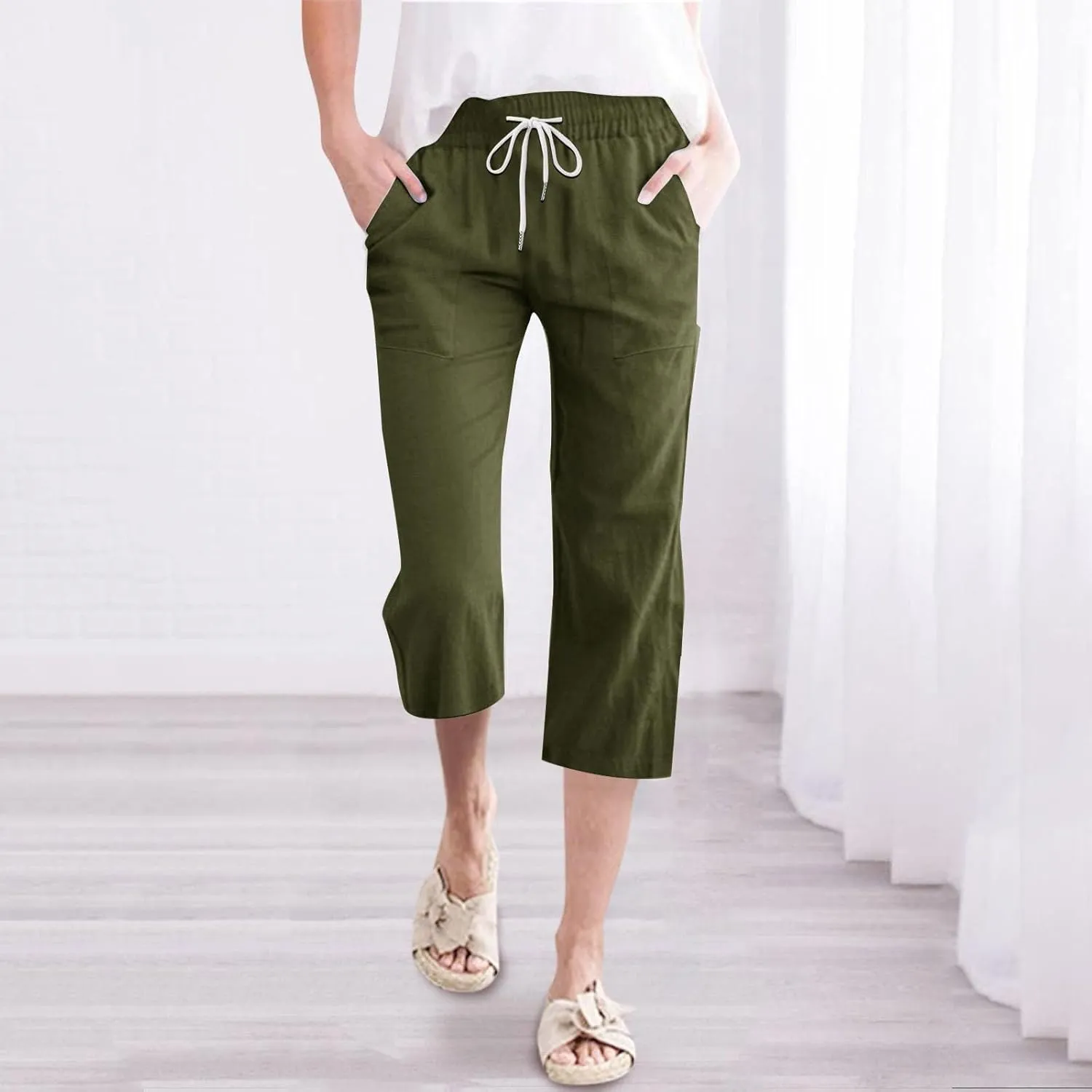 Womens Linen Capris Pants Summer Casual Drawstring Pants High Waisted Comfy Lightweight Loose Trousers with Pockets