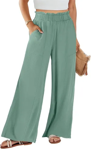Women's Linen High Waisted Pants Palazzo Elastic Wide Leg Pant Flowy Beach Trousers for Summer Travel with Pockets