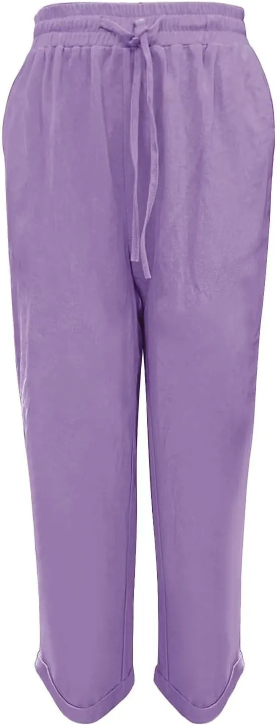 Womens Linen Pants Color Cotton Elastic Long Pants Beach Leisure Trousers Linen Business Work Casual Flowy