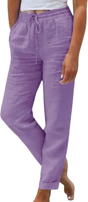 Womens Linen Pants Color Cotton Elastic Long Pants Beach Leisure Trousers Linen Business Work Casual Flowy