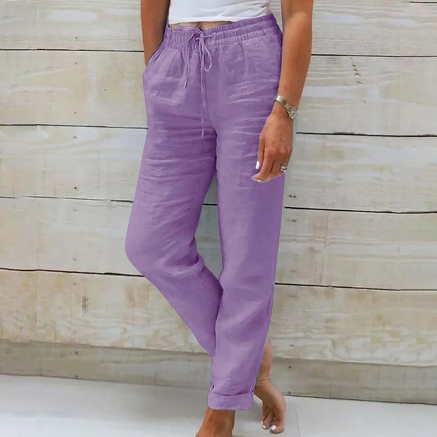 Womens Linen Pants Color Cotton Elastic Long Pants Beach Leisure Trousers Linen Business Work Casual Flowy