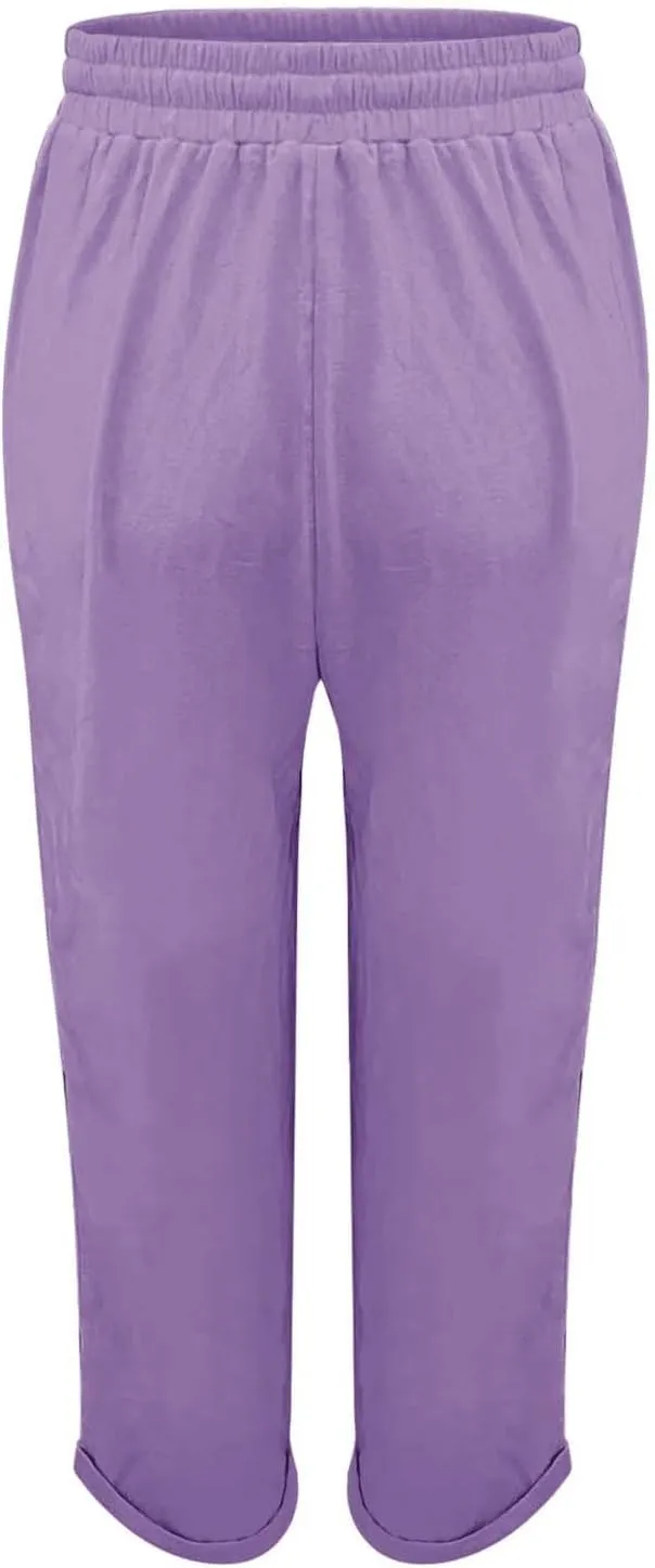 Womens Linen Pants Color Cotton Elastic Long Pants Beach Leisure Trousers Linen Business Work Casual Flowy