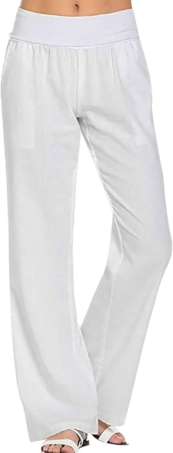 Womens Linen Pants Elastic High Waisted Wide Leg Palazzo Straight Leg Long Pants Summer Trousers with Pockets