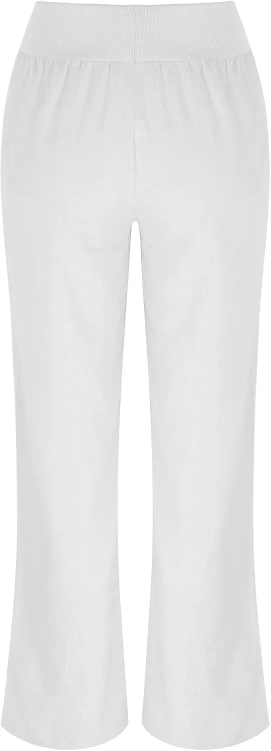 Womens Linen Pants Elastic High Waisted Wide Leg Palazzo Straight Leg Long Pants Summer Trousers with Pockets