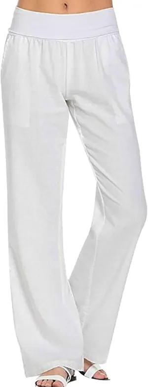 Womens Linen Pants Elastic High Waisted Wide Leg Palazzo Straight Leg Long Pants Summer Trousers with Pockets