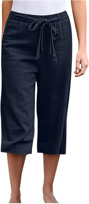 Womens Linen Pants High Waisted Drawstring Wide Leg Trousers Loose Fit Straight Leg Summer Casual Capri Pants