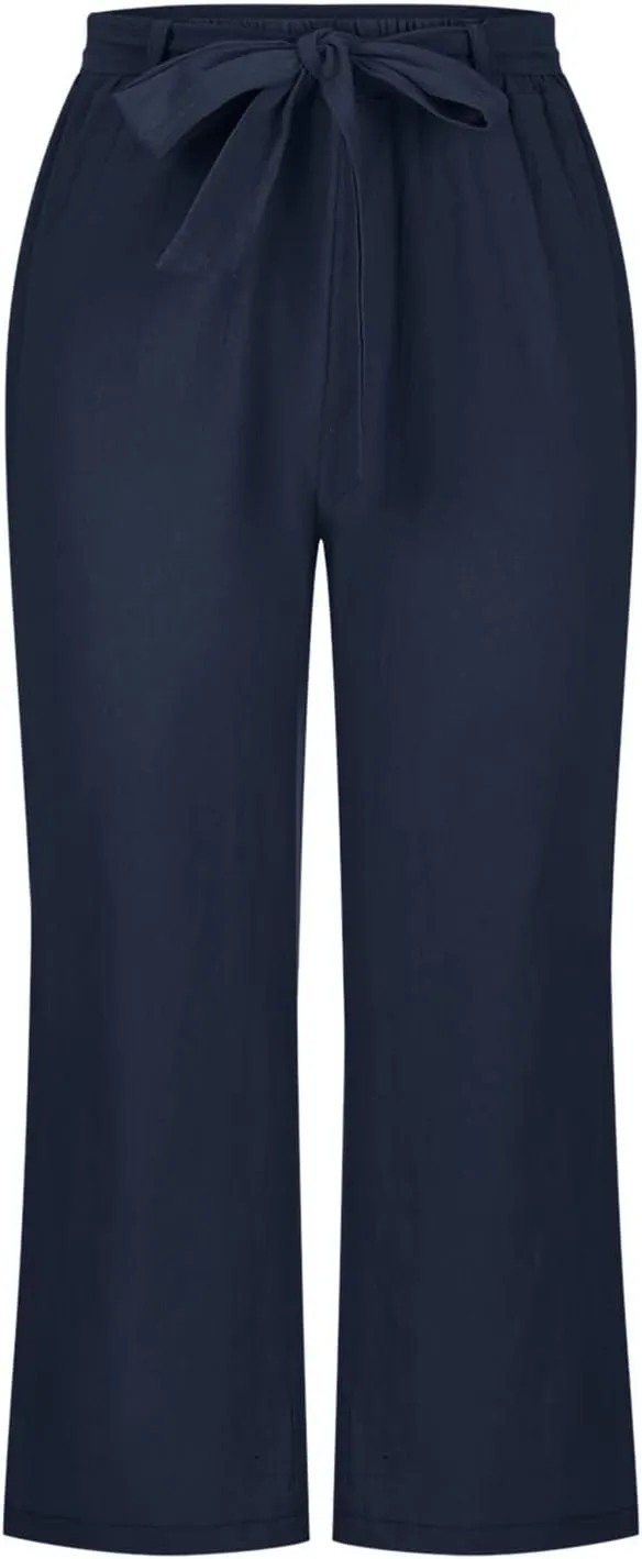 Womens Linen Pants High Waisted Drawstring Wide Leg Trousers Loose Fit Straight Leg Summer Casual Capri Pants