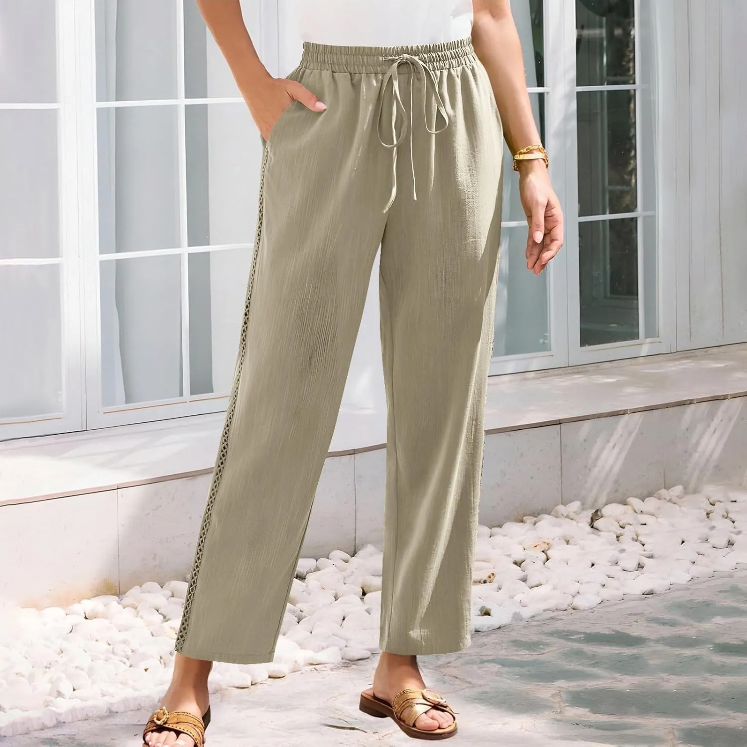 Womens Linen Pants Summer Casual Lightweight Drawstring High Waisted Wide Leg Pants Beach Trousers with Pockets