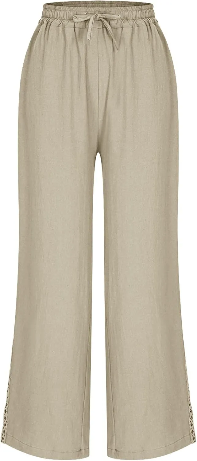 Womens Linen Pants Summer Casual Lightweight Drawstring High Waisted Wide Leg Pants Beach Trousers with Pockets