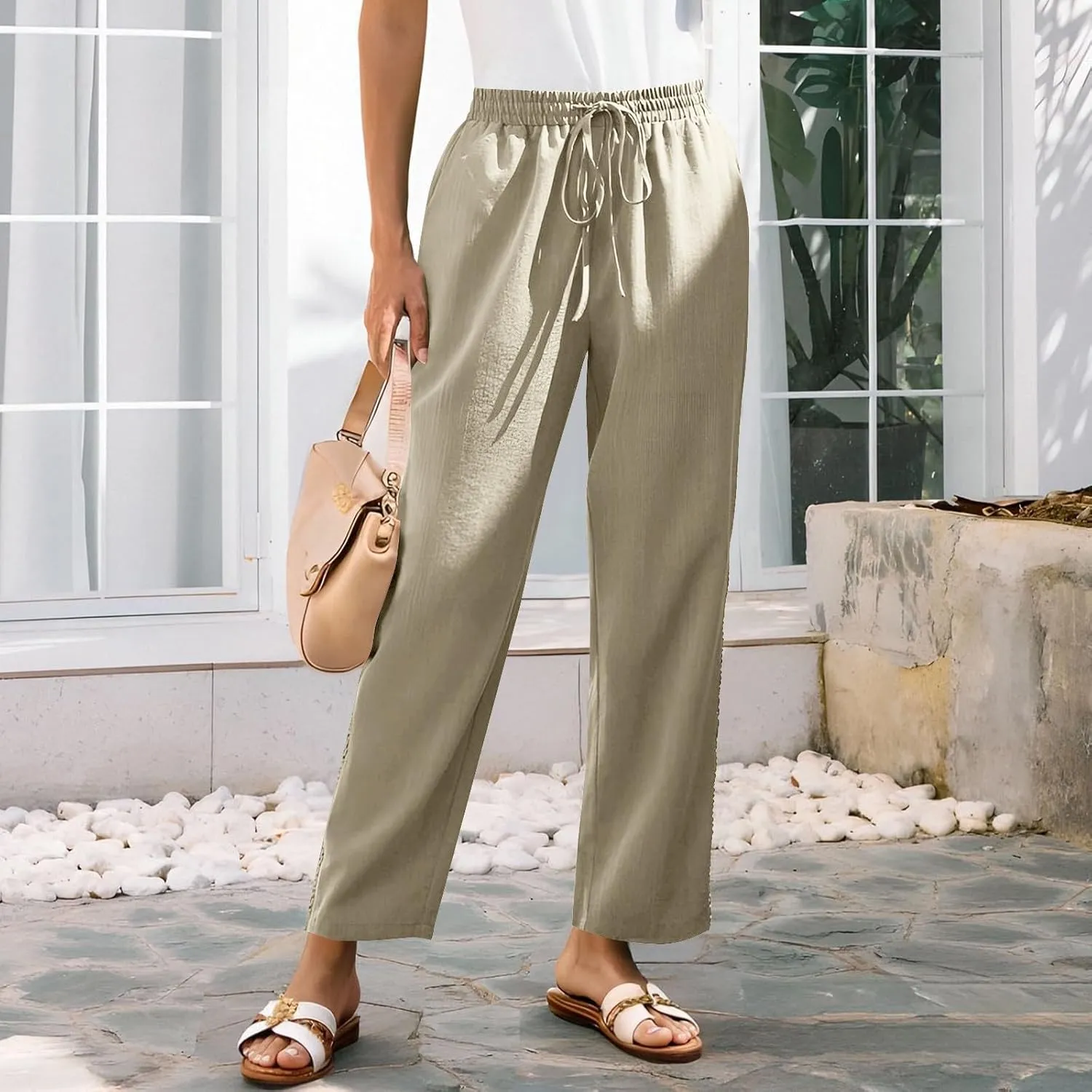 Womens Linen Pants Summer Casual Lightweight Drawstring High Waisted Wide Leg Pants Beach Trousers with Pockets