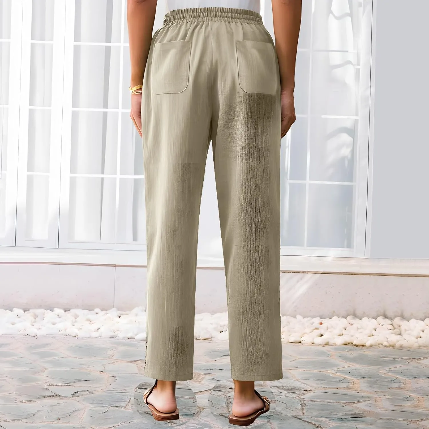 Womens Linen Pants Summer Casual Lightweight Drawstring High Waisted Wide Leg Pants Beach Trousers with Pockets