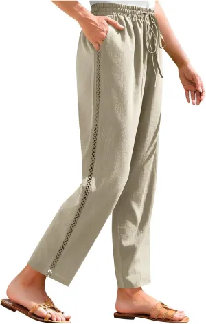 Womens Linen Pants Summer Casual Lightweight Drawstring High Waisted Wide Leg Pants Beach Trousers with Pockets