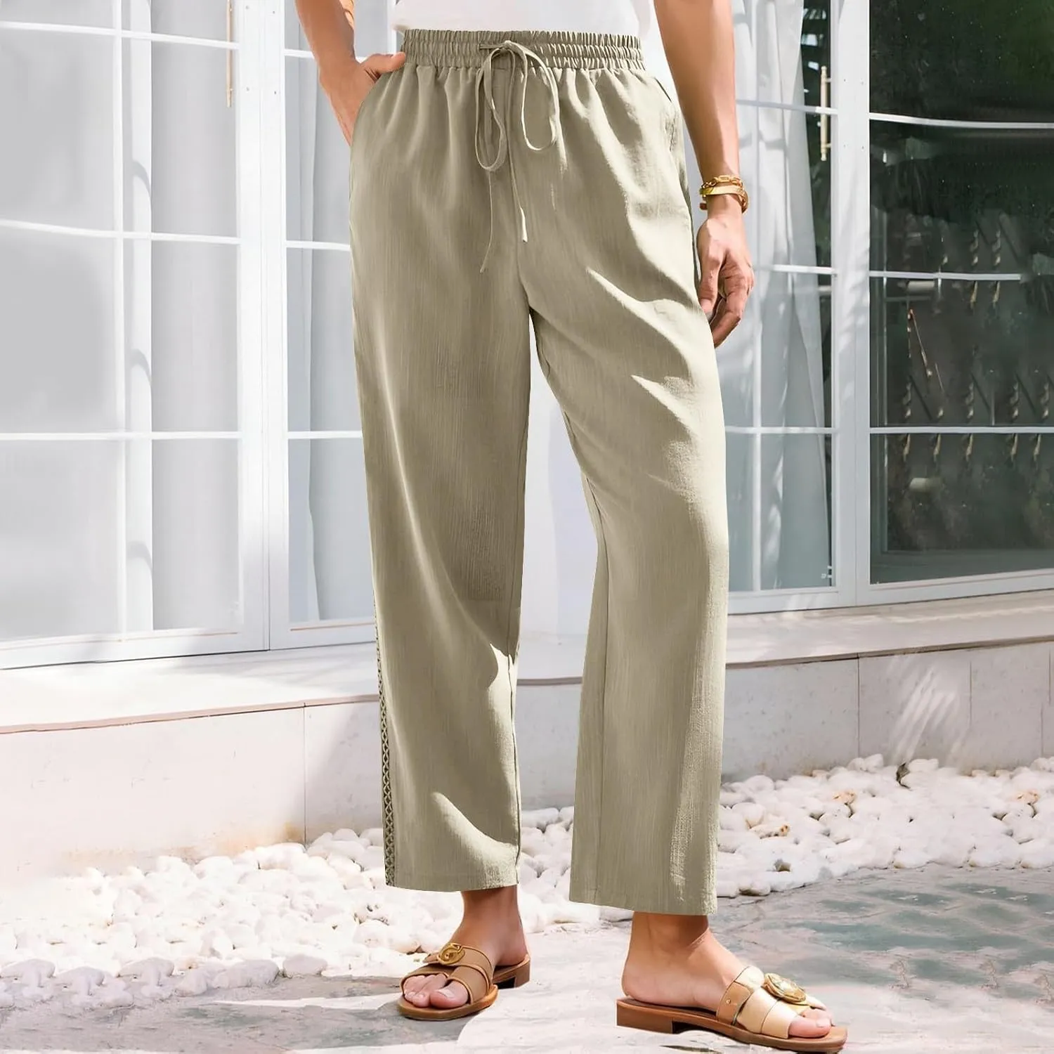 Womens Linen Pants Summer Casual Lightweight Drawstring High Waisted Wide Leg Pants Beach Trousers with Pockets