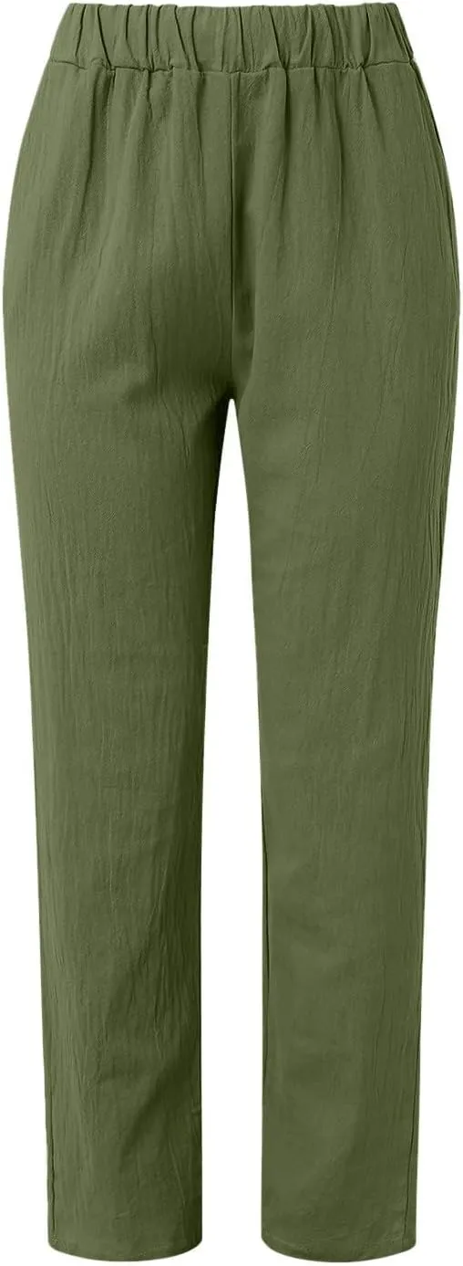 Womens Linen Pants with Pockets Straight Leg Loose Elastic High Waist Trousers Summer Casual Beach Pant Office Slacks