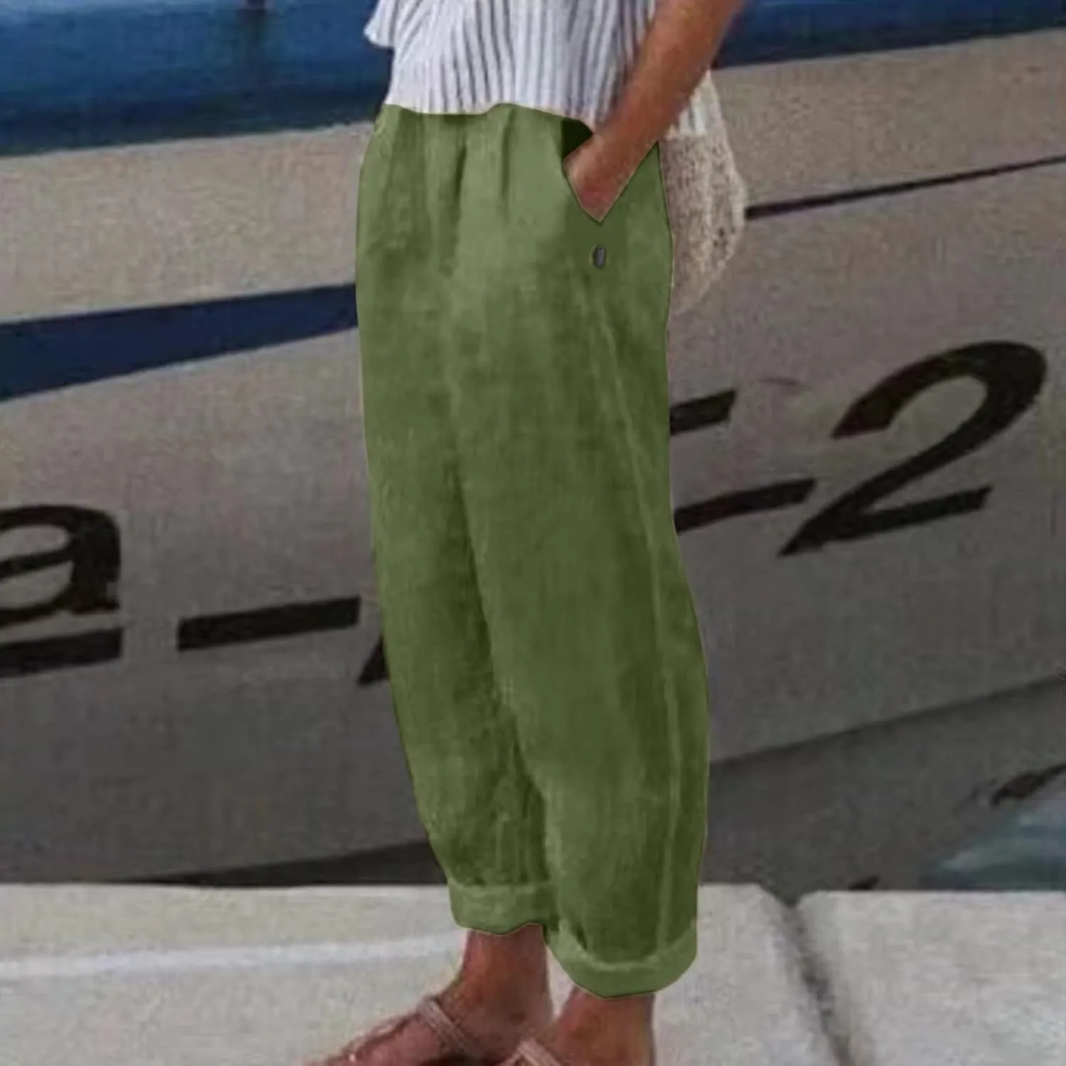 Womens Linen Pants with Pockets Straight Leg Loose Elastic High Waist Trousers Summer Casual Beach Pant Office Slacks