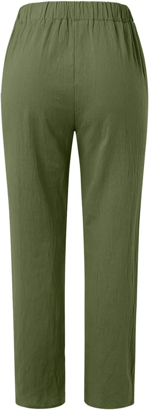 Womens Linen Pants with Pockets Straight Leg Loose Elastic High Waist Trousers Summer Casual Beach Pant Office Slacks