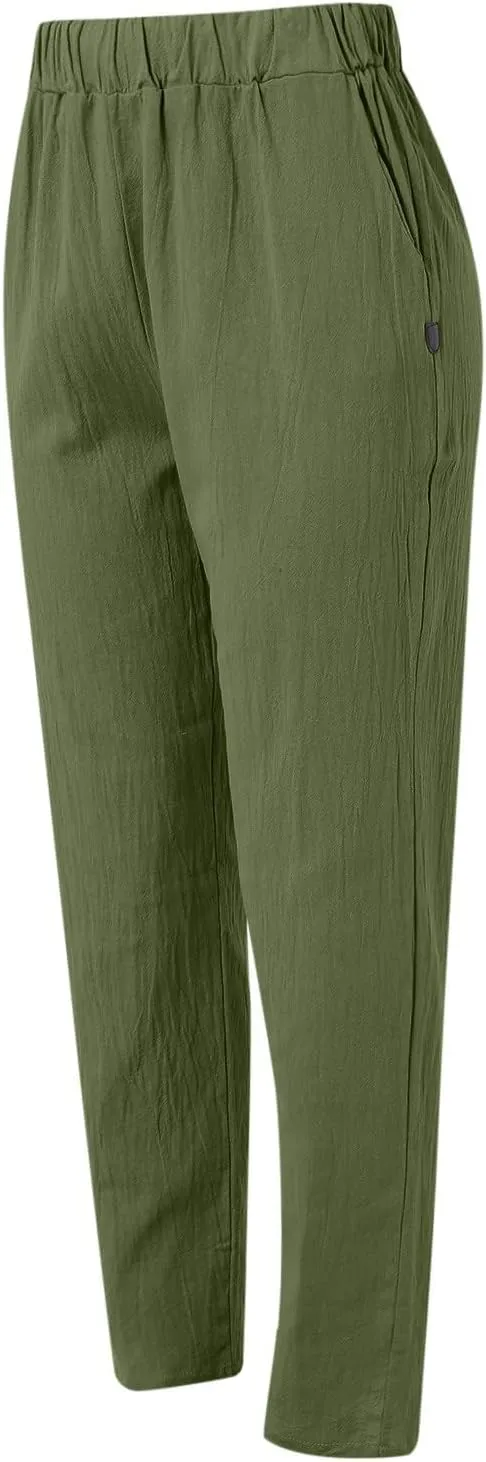 Womens Linen Pants with Pockets Straight Leg Loose Elastic High Waist Trousers Summer Casual Beach Pant Office Slacks