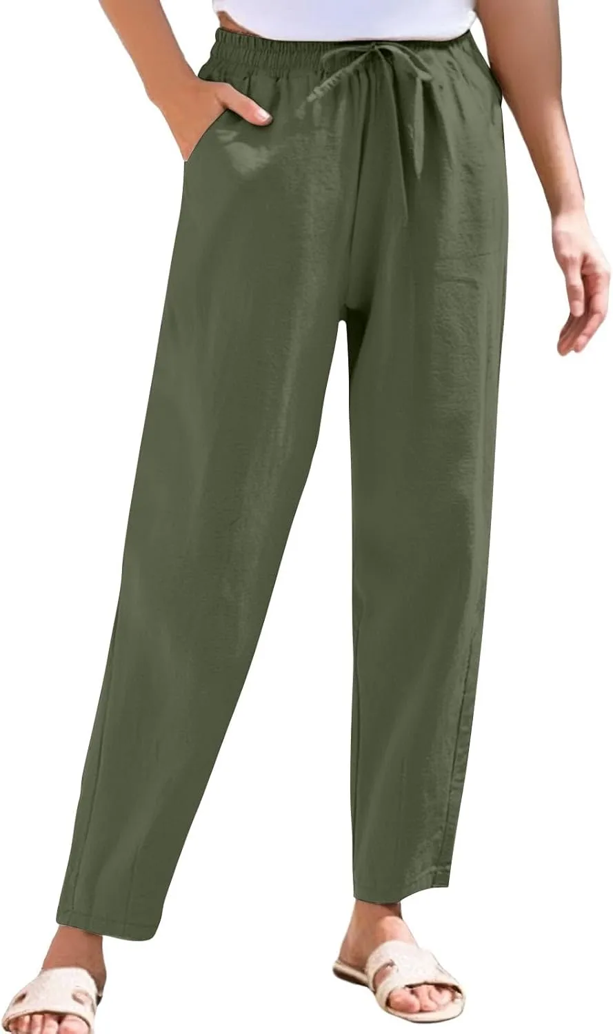 Women's Linen Straight Leg Pants Elastic Waist Drawstring Casual Trousers Summer Solid Beach Lounge Pants with Pocket