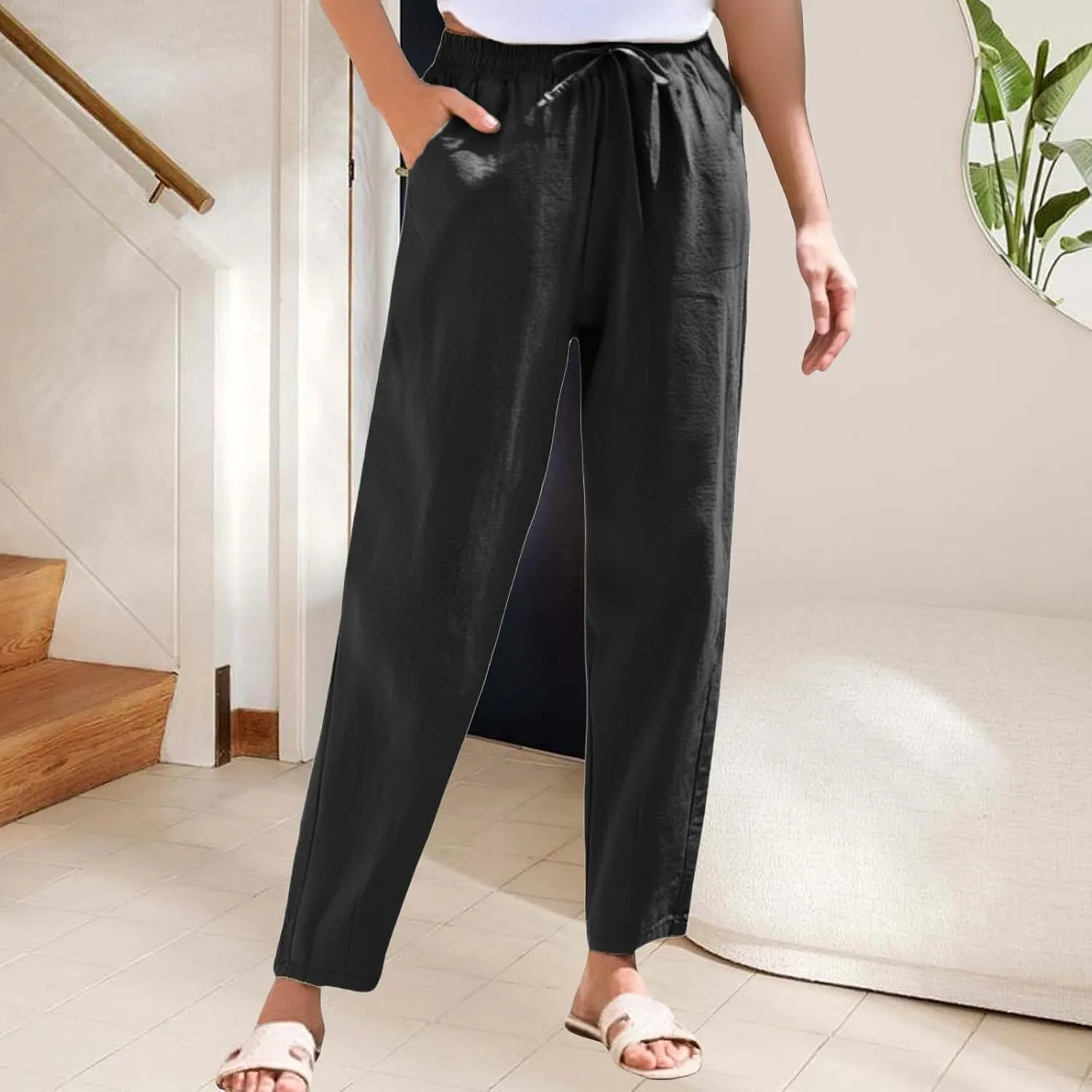 Women's Linen Straight Leg Pants Elastic Waist Drawstring Casual Trousers Summer Solid Beach Lounge Pants with Pocket
