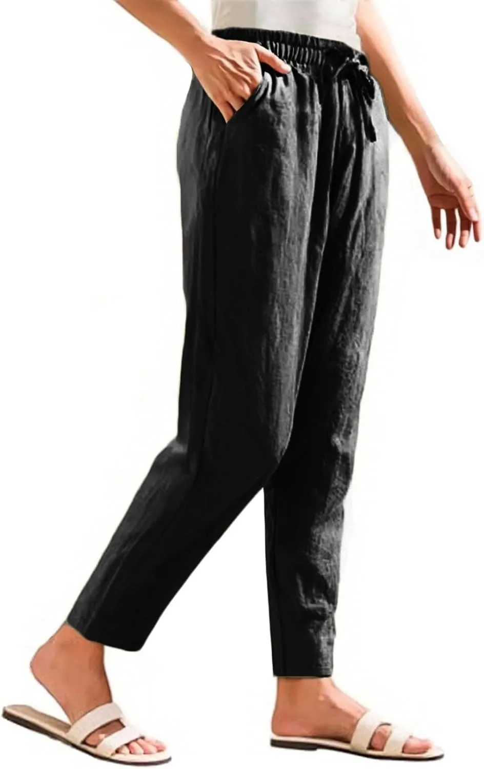 Women's Linen Straight Leg Pants Elastic Waist Drawstring Casual Trousers Summer Solid Beach Lounge Pants with Pocket