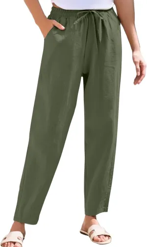 Women's Linen Straight Leg Pants Elastic Waist Drawstring Casual Trousers Summer Solid Beach Lounge Pants with Pocket