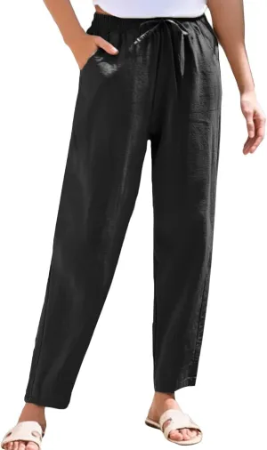 Women's Linen Straight Leg Pants Elastic Waist Drawstring Casual Trousers Summer Solid Beach Lounge Pants with Pocket
