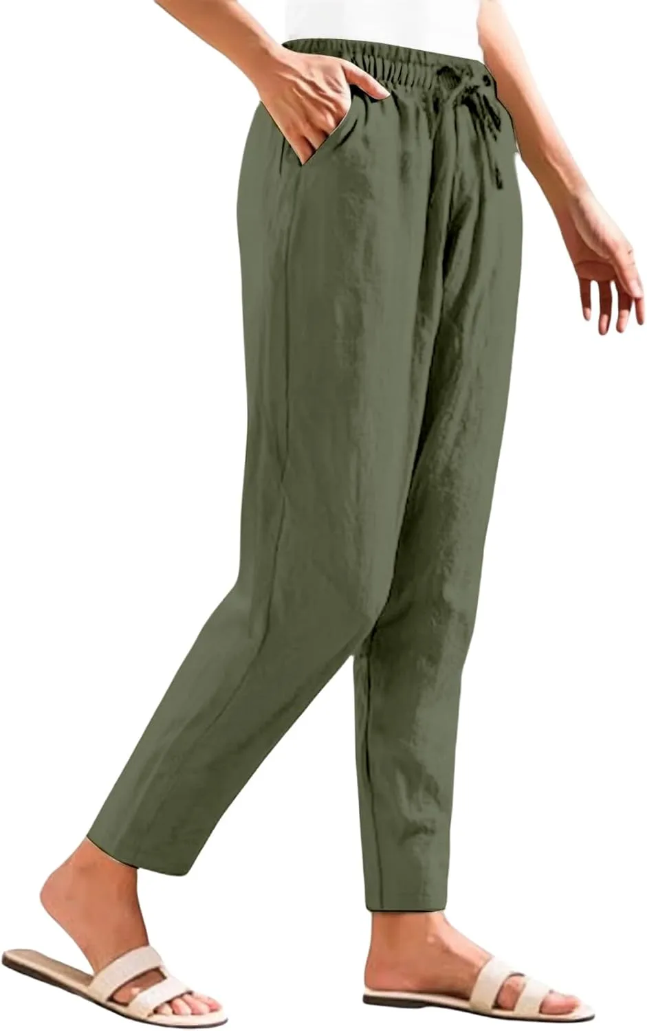 Women's Linen Straight Leg Pants Elastic Waist Drawstring Casual Trousers Summer Solid Beach Lounge Pants with Pocket