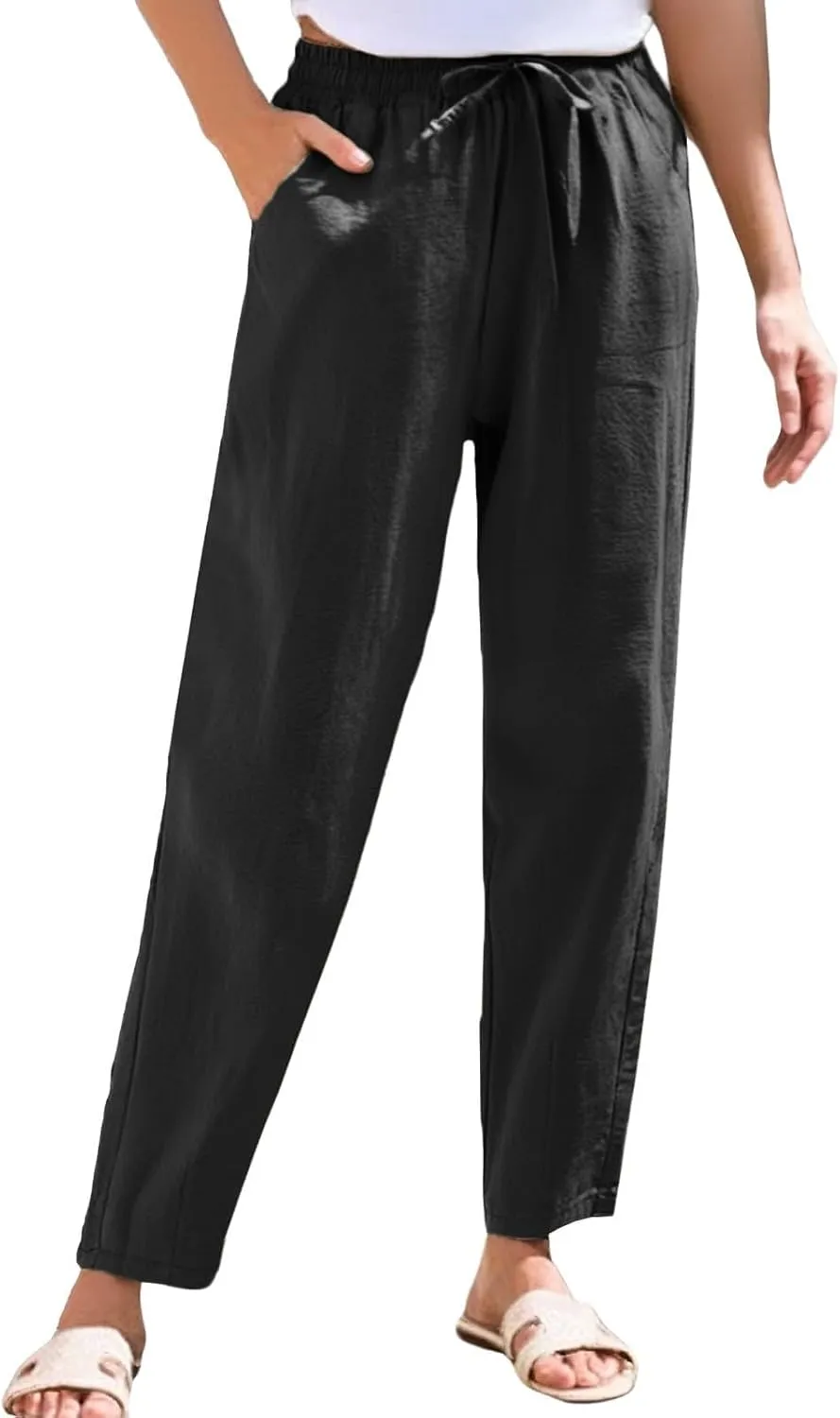 Women's Linen Straight Leg Pants Elastic Waist Drawstring Casual Trousers Summer Solid Beach Lounge Pants with Pocket