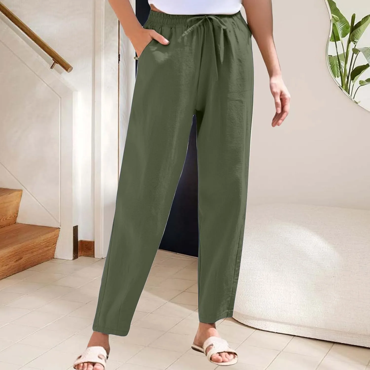 Women's Linen Straight Leg Pants Elastic Waist Drawstring Casual Trousers Summer Solid Beach Lounge Pants with Pocket