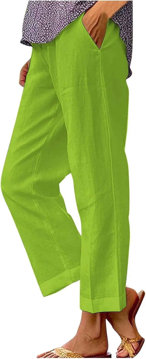 Women's Linen Striped Design Pants Summer Baggy Elastic Waist Straight Leg Casual Beach Trousers with Pockets