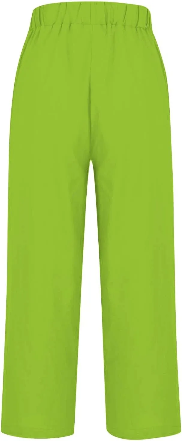 Women's Linen Striped Design Pants Summer Baggy Elastic Waist Straight Leg Casual Beach Trousers with Pockets