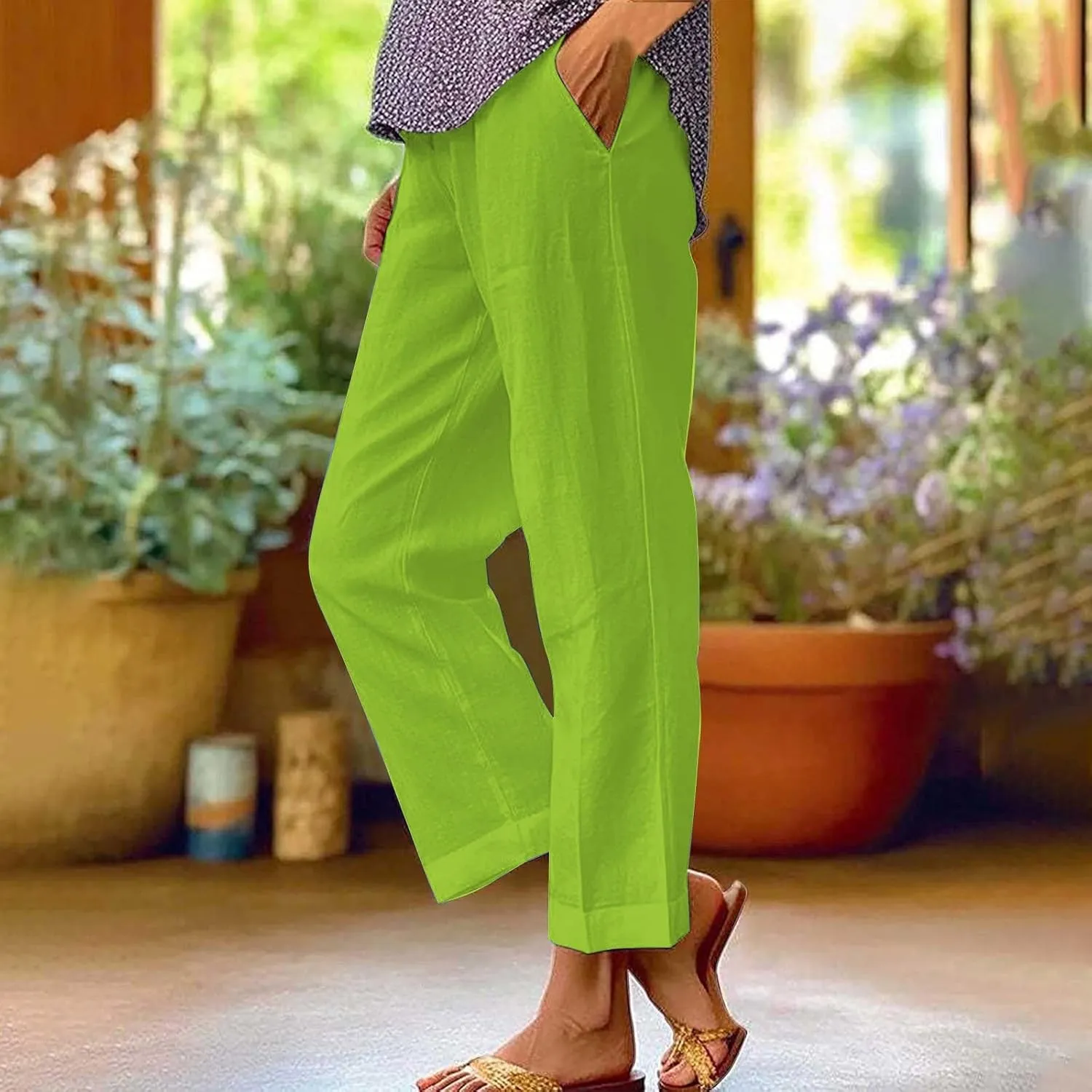 Women's Linen Striped Design Pants Summer Baggy Elastic Waist Straight Leg Casual Beach Trousers with Pockets