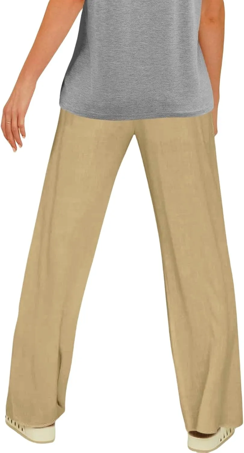 Women's Linen Summer Palazzo Pants Flowy Drawstring Elastic Waist Wide Leg Palazzo Pants Loose Casual Fashion Trouser