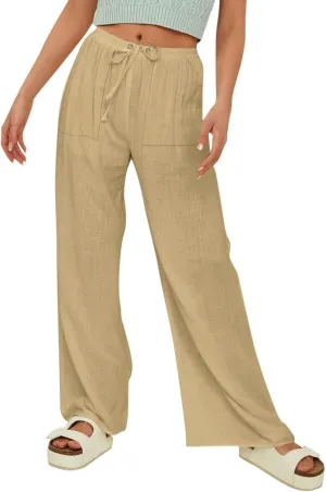 Women's Linen Summer Palazzo Pants Flowy Drawstring Elastic Waist Wide Leg Palazzo Pants Loose Casual Fashion Trouser