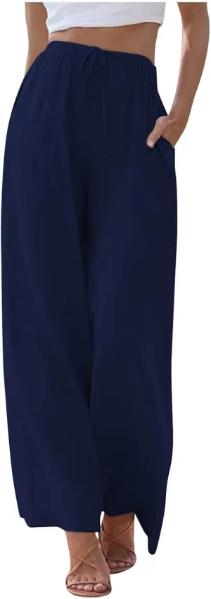 Womens Linen Summer Palazzo Pants Flowy Wide Leg Beach Pants Casual Lounge Pants Travel Vacation Outfits with Pockets