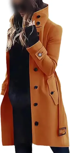 Women's Long Coat Notched Lapel Collar Double Breasted Pea Coat Winter Elegant Wool Blend Over Coats Jackets