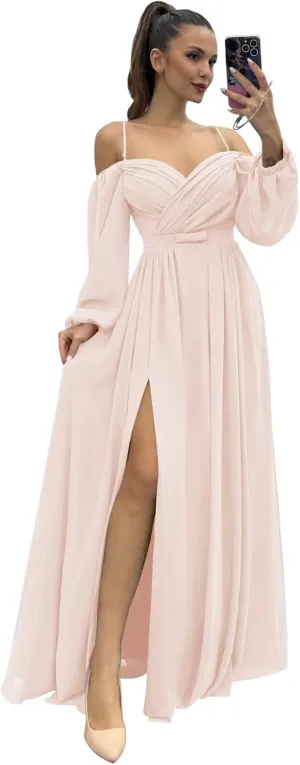 Women's Long Sleeves Bridesmaid Dresses for Wedding Off The Shoulder Chiffon Formal Dress with Slit