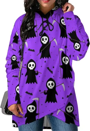 Womens Long Sleeves Cloak Style Halloween Death Sweatshirt Layered Colorful Loose Fit