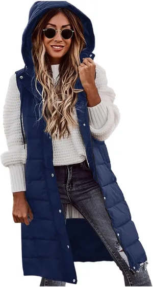 Women's Long Vest Sleeveless Lightweight Puffer Jacket Packable Hooded Down Coat Quilted Vest with Hood Winter