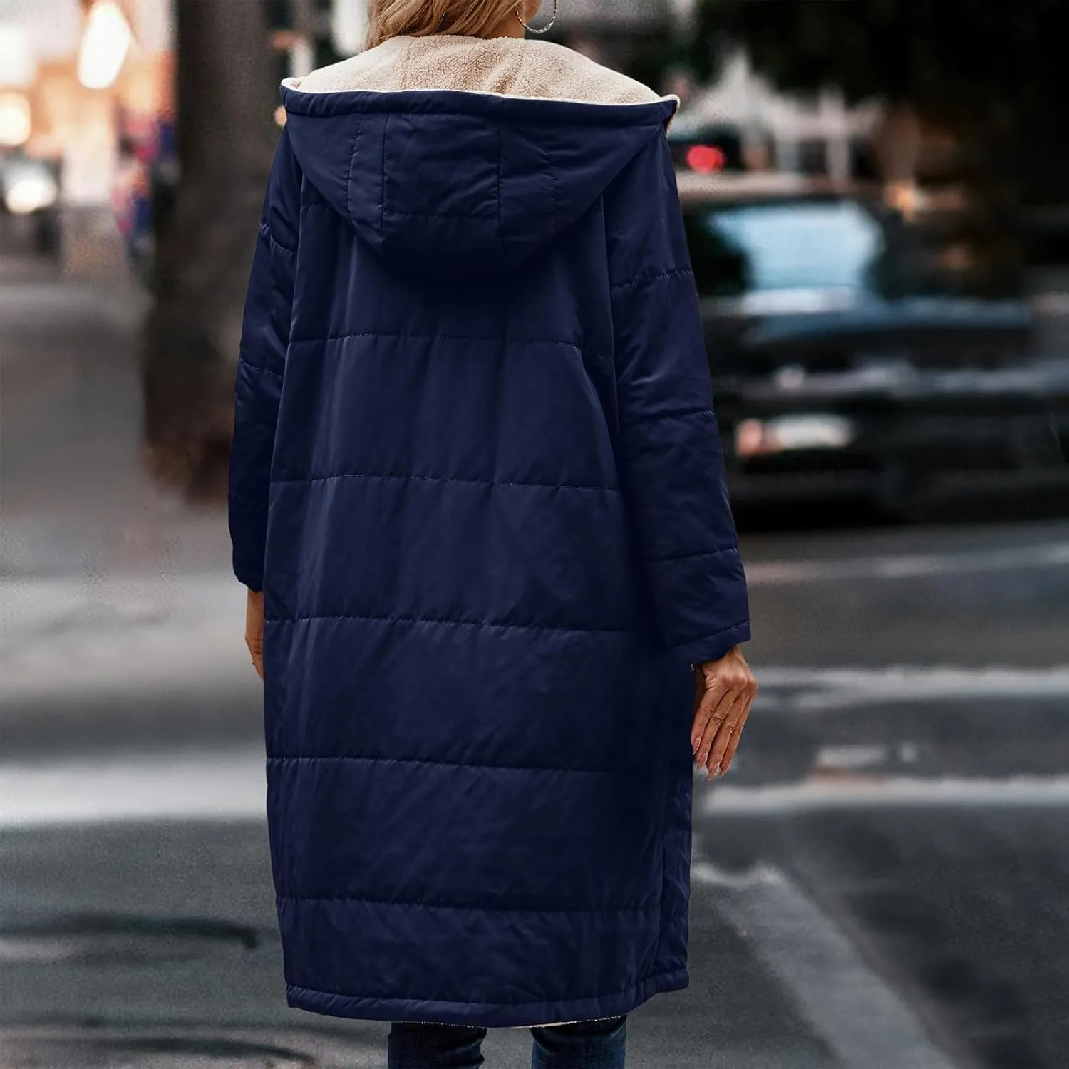 Women's Long Winter Coats Fleece Lined Reversible Hooded Puffer Jackets Windbreaker Full Zip Shearling Warm Down Coat