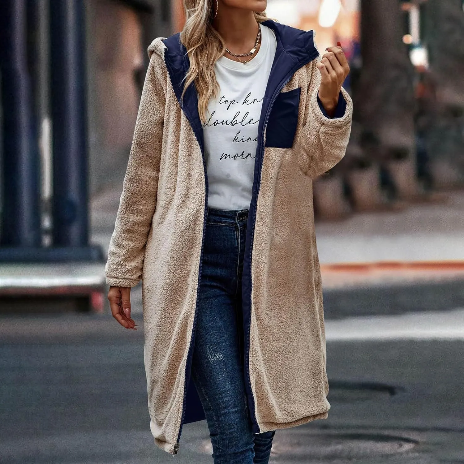 Women's Long Winter Coats Fleece Lined Reversible Hooded Puffer Jackets Windbreaker Full Zip Shearling Warm Down Coat