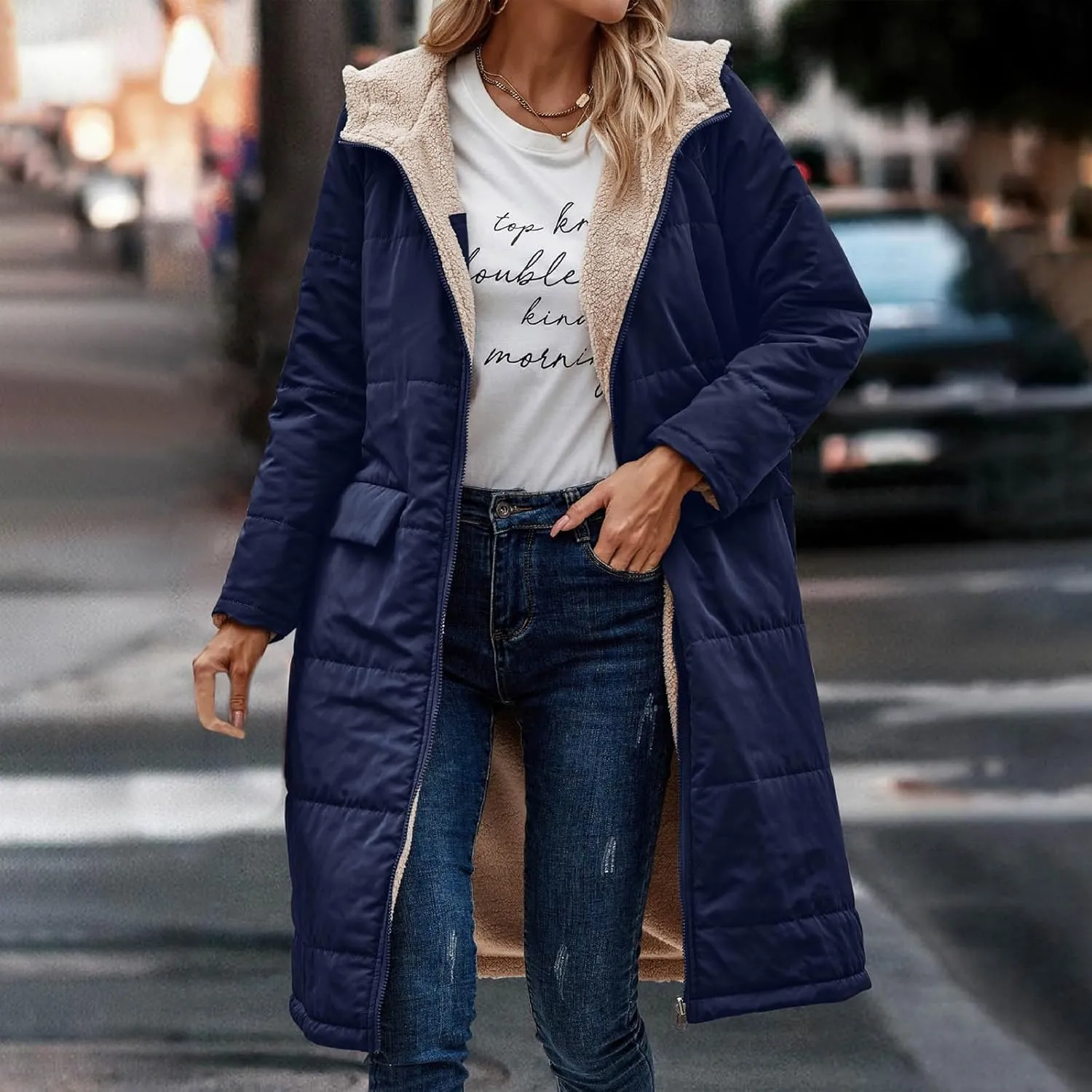 Women's Long Winter Coats Fleece Lined Reversible Hooded Puffer Jackets Windbreaker Full Zip Shearling Warm Down Coat