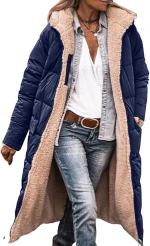 Women's Long Winter Coats Fleece Lined Reversible Hooded Puffer Jackets Windbreaker Full Zip Shearling Warm Down Coat