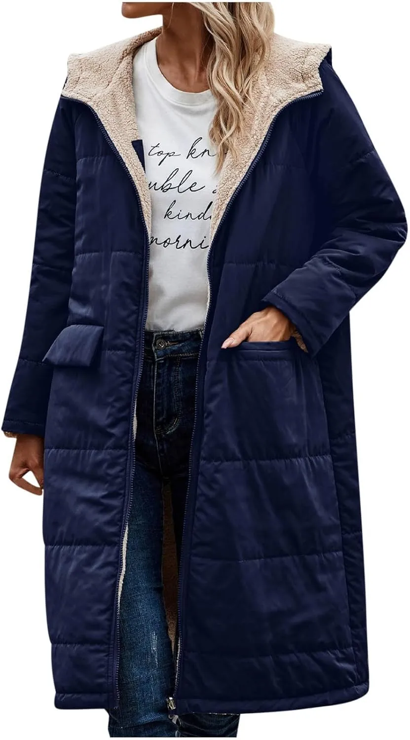 Women's Long Winter Coats Fleece Lined Reversible Hooded Puffer Jackets Windbreaker Full Zip Shearling Warm Down Coat