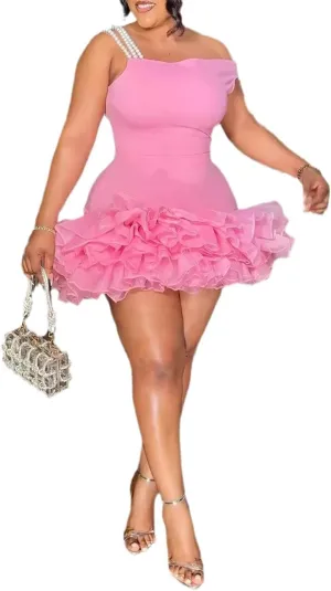 Women's Mini Tutu Dress Sexy Bodycon Sleeveless Off Shoulder Solid Ruffles Lace Layered Hem Party Cocktail Dresses