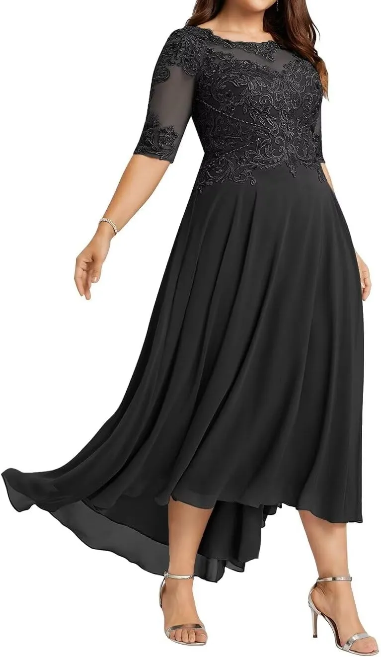 Women's Mother of The Bride Dresses Tea Length Applique Chiffon Formal Evening Gown for Wedding