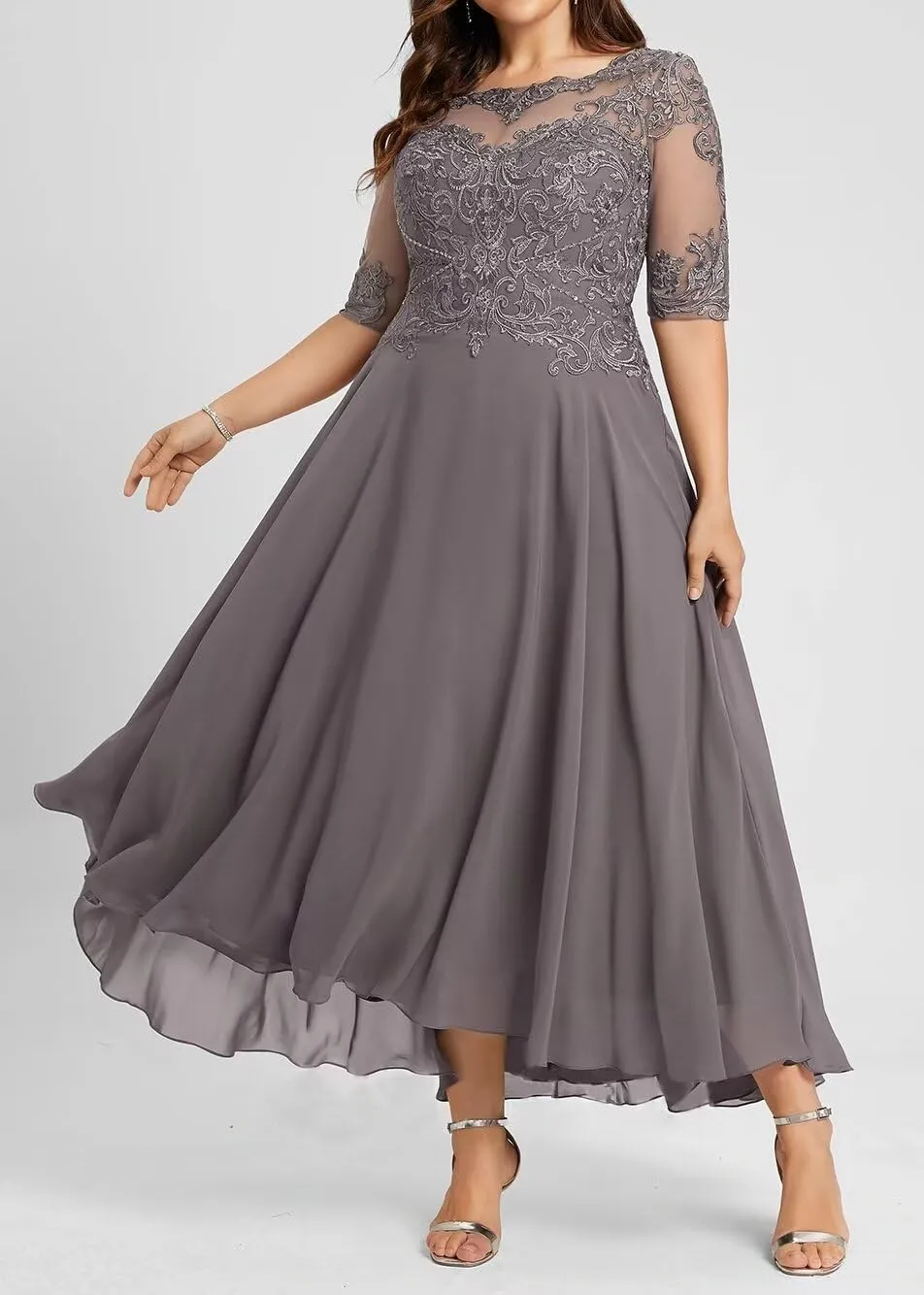 Women's Mother of The Bride Dresses Tea Length Applique Chiffon Formal Evening Gown for Wedding