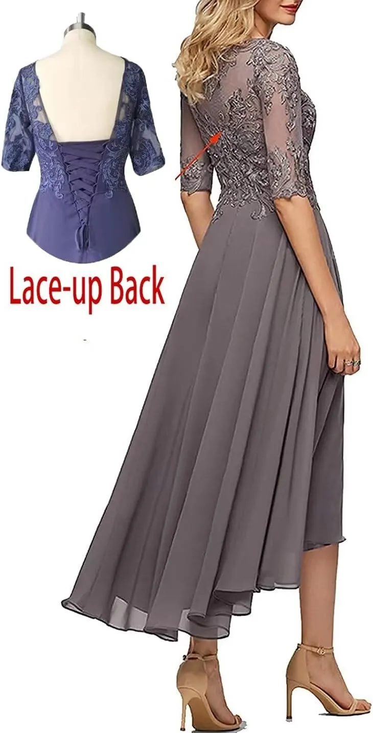 Women's Mother of The Bride Dresses Tea Length Applique Chiffon Formal Evening Gown for Wedding