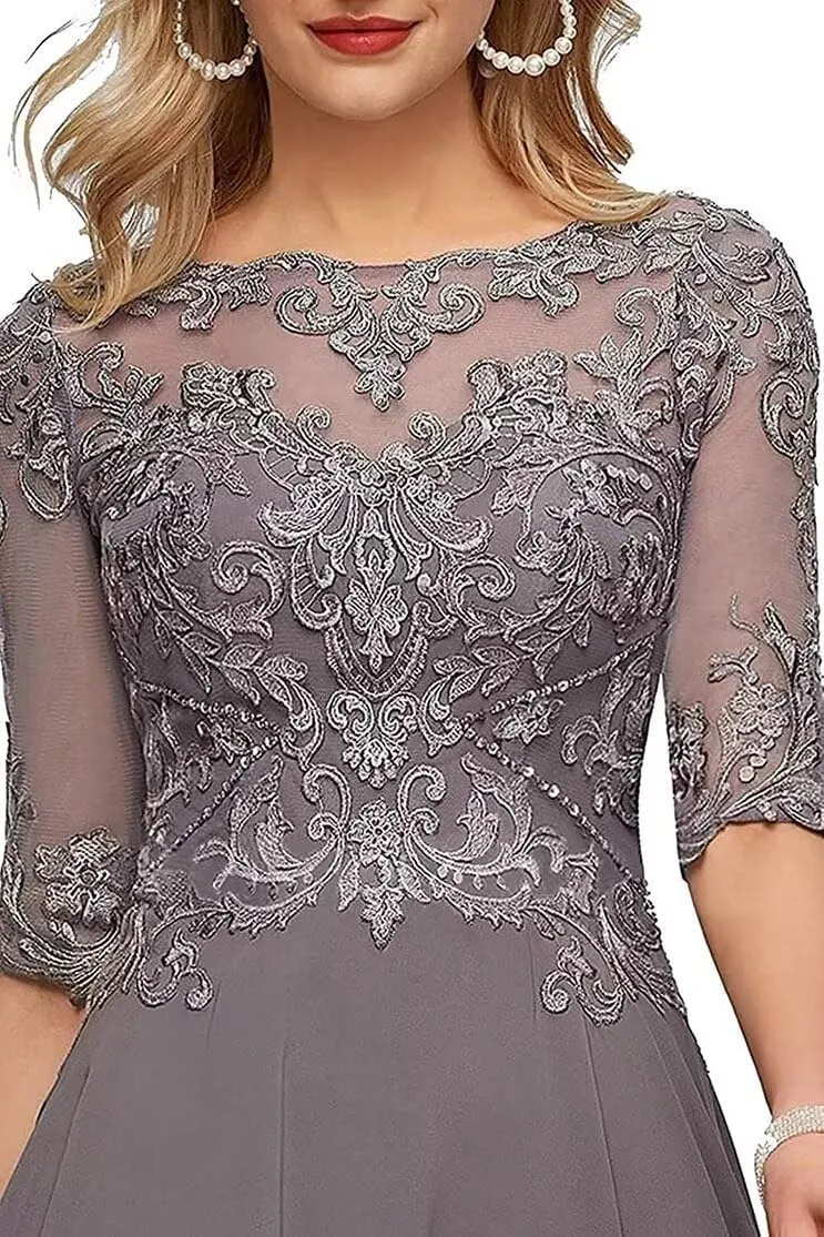 Women's Mother of The Bride Dresses Tea Length Applique Chiffon Formal Evening Gown for Wedding