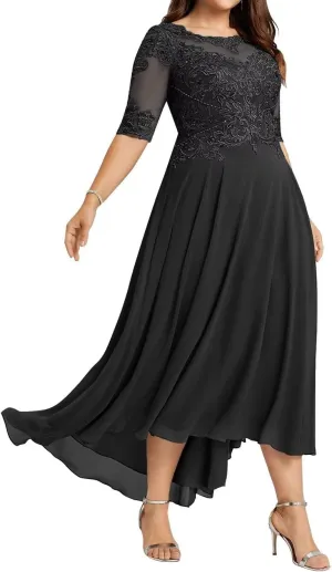 Women's Mother of The Bride Dresses Tea Length Applique Chiffon Formal Evening Gown for Wedding